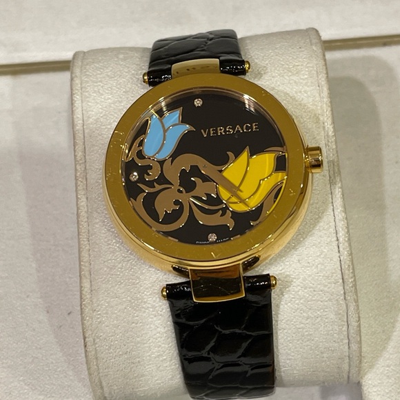 Authentic Versace Lady Watch Gold Plated With Diamonds & Leather - Picture 2 of 11